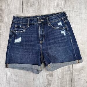 Old Navy Dark Wash High Rise Secret Slim Pocket Distressed Jean Short WMN 2 Blue